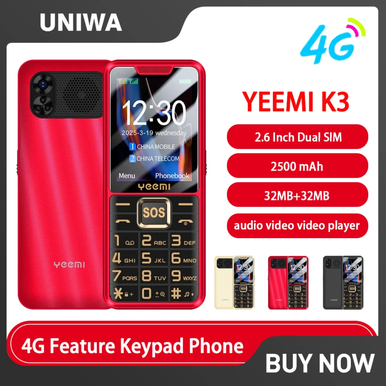 YEEMI K3 4G-Funktionstastatur, Telefon, 2,6 Zoll, Dual-SLM, große Taste, laute Lautstärke für ältere Menschen, 2500 mAh, FM-Radio, hebräische Tastatur, SOS-Video Image