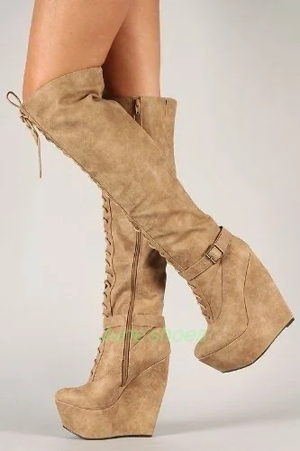 Damen-Overknee-Stiefel aus Wildleder in Schwarz mit Keilabsatz, Schnürung, Kampfstiefel mit Reißverschluss und Schnallenriemen, Plattform, Runway, sexy Wildlederstiefel, Größe Image