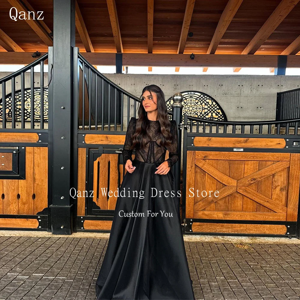 Qanz Abendkleider mit O-Ausschnitt und langen Ärmeln, schwarze Spitze, elegante Kleider für besondere Anlässe, bodenlange Damen-Partykleider, individuell gestaltet