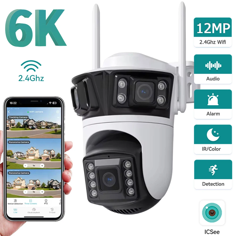 HD 6K 12MP 3-Objektiv-Kamera 6MP Dreifachobjektiv-Außenkamerasystem AI Menschenerkennung WiFi CCTV Wasserdicht iCsee App Videosicherheit Image