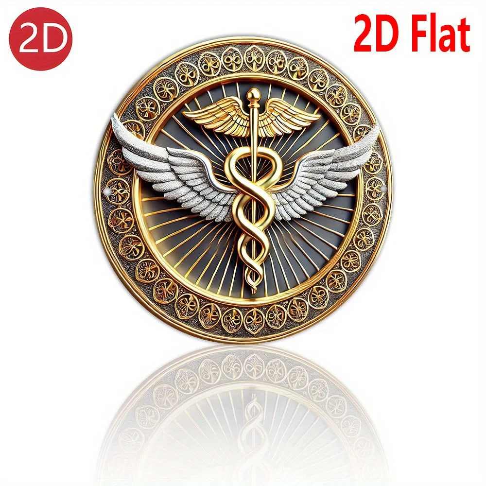 Flache 2D-Dekoration mit medizinischem Symbol – goldenes Caduceus-Emblem mit Flügeln – langlebiges Aluminiumschild für Gesundheitsanlagen, Büro Image