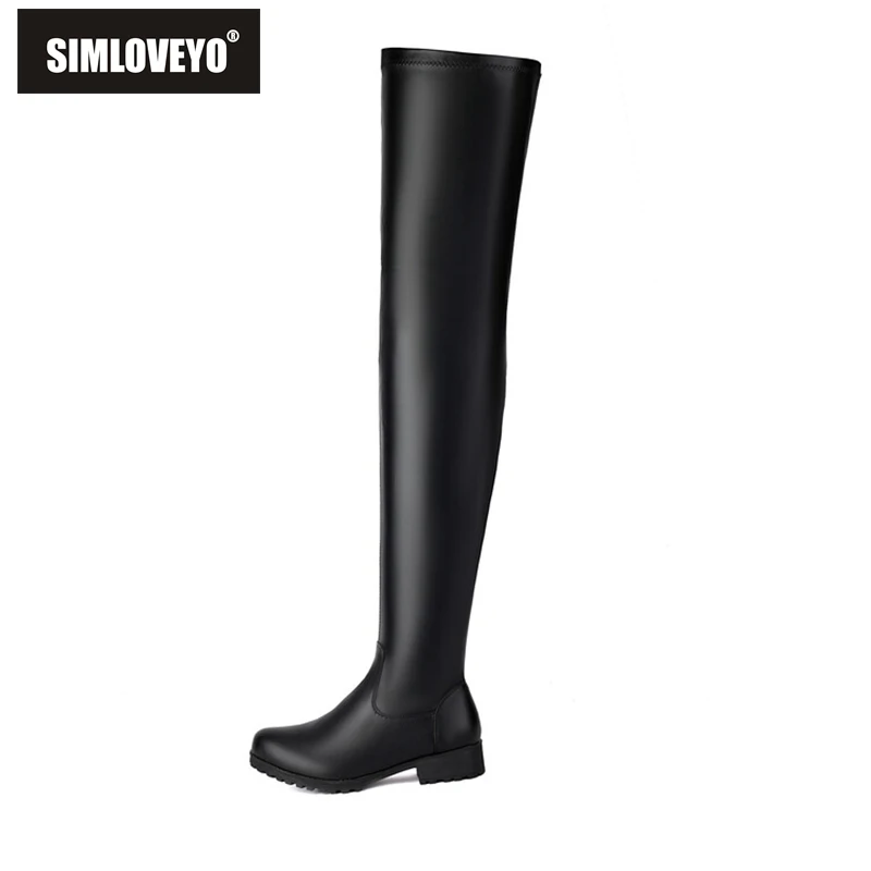SIMLOVEYO Neue Winter Herbst Overknee Stiefel 3,5 cm Platz Ferse Reißverschluss Runde Kappe Leder Oberschenkel Hohe Mode Große Größe 45 46 47 48 US17 Image