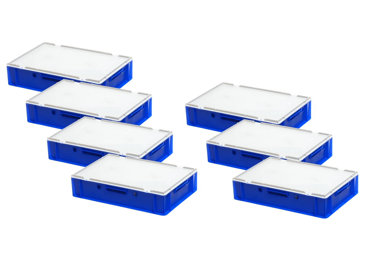 Logiplast 7 Stück blaue E1 Kisten 600x400x125 mm Fleischkasten Lagerkiste Metzgerkiste mit 7 grauen Deckeln Image