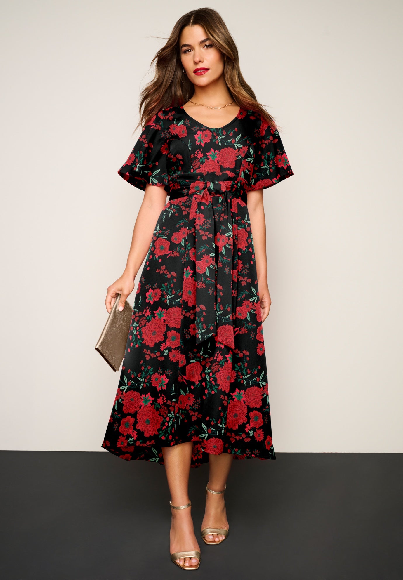 Plus Size Women's Plus Size Flutter Sleeve V-Neck Fit and Flare Bi-stretch Maxi Dress by Roaman's in Blush Rose Garden (Size 18 W)