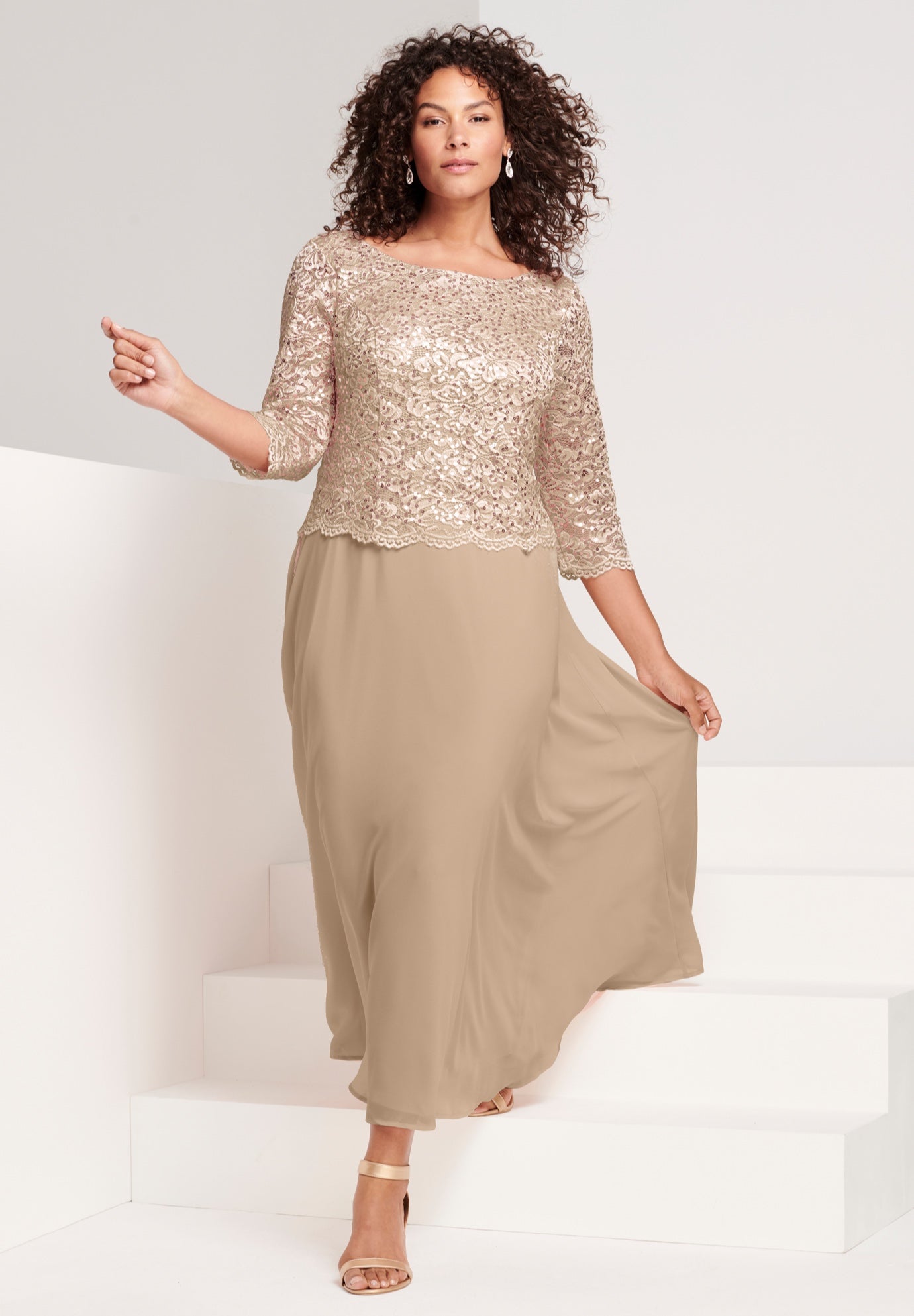 Plus Size Women's Plus Size Sparkle Lace Popover A-Line Gown with 3/4 Sleeves by Roaman's in Mystic Pine (Size 38 W) Formal Evening