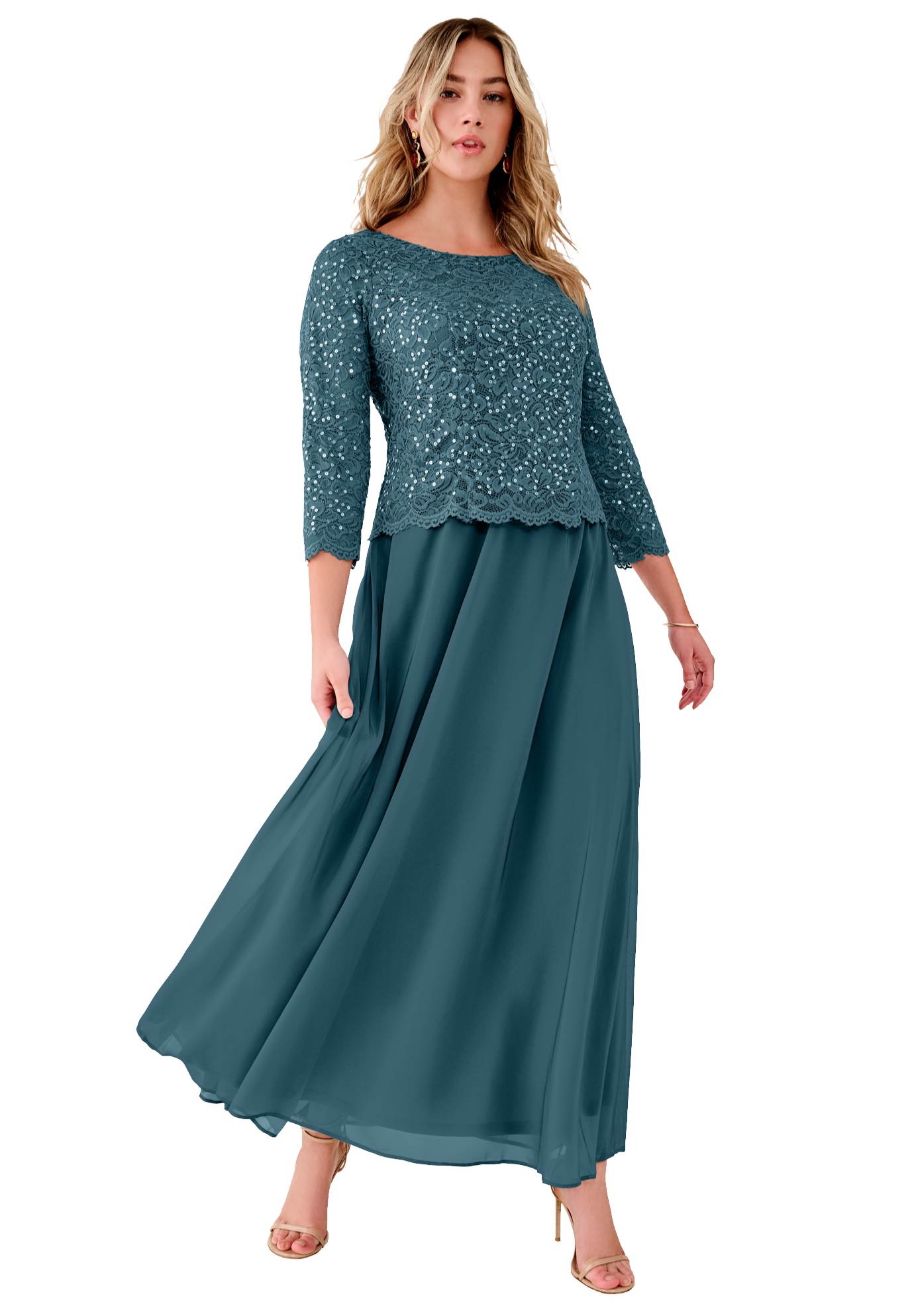 Plus Size Women's Plus Size Sparkle Lace Popover A-Line Gown with 3/4 Sleeves by Roaman's in Mystic Pine (Size 32 W) Formal Evening