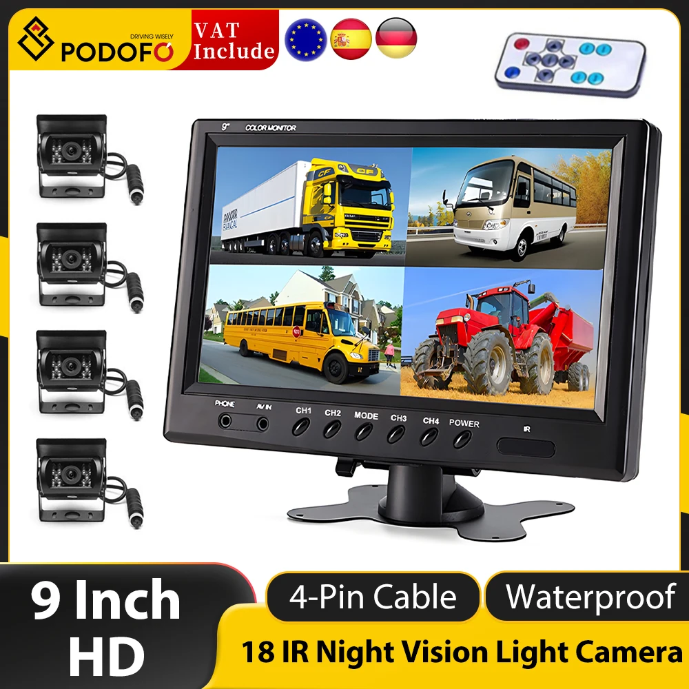 Camecho 9" 4-Bildschirmanzeige für LKW-Fahrzeuge, Rückfahrkamera und Monitor, Einparkhilfesystem, wasserdichter Rückansicht-Automonitor Image