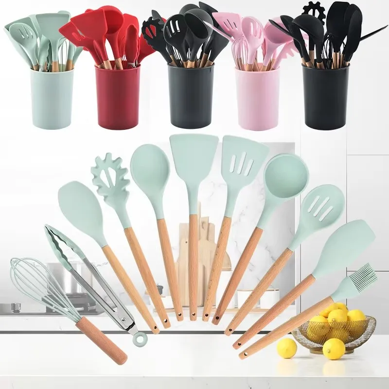 Ustensiles de cuisine en Silicone, spatule, pelle, cuillère à soupe, outil de cuisine avec seau de rangement, manche en bois antiadhésif, Gadgets de cuisine 12 pièces