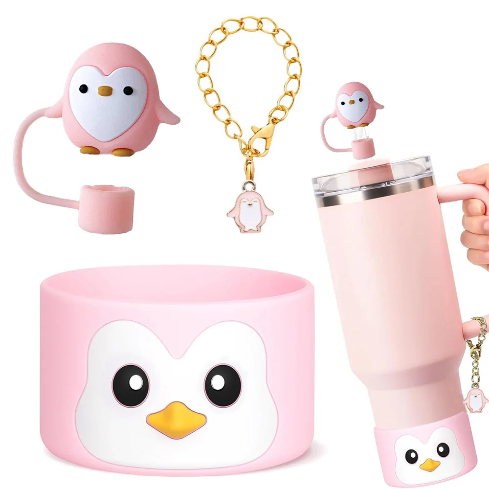 3-teiliges Becherzubehör-Set für 30oz 40oz Tumbler Cup Pinguin Strohhalm-Abdeckung, Topper, Schlüsselanhänger-Charm und Silikonstiefel für Stanley Image