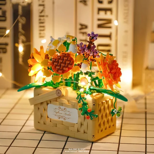 Sonnenblumenkorb, Mini-Baustein, Pflanzen, ewige Blume, 3D-LED-Modell, Mikrosteine, Spielzeug, Rose für Zuhause, Weihnachtsgeschenke für Kinder Image