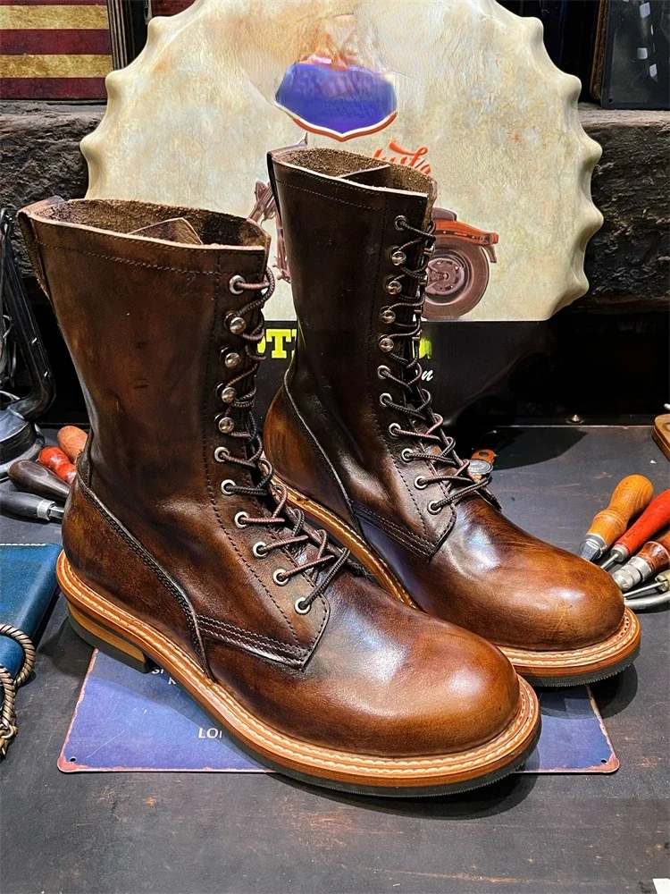 Herren Retro Braun Big Head Arbeit Leder Reiten Herrenstiefel High Top Long Barrel Motorrad Leder Herrenschuhe