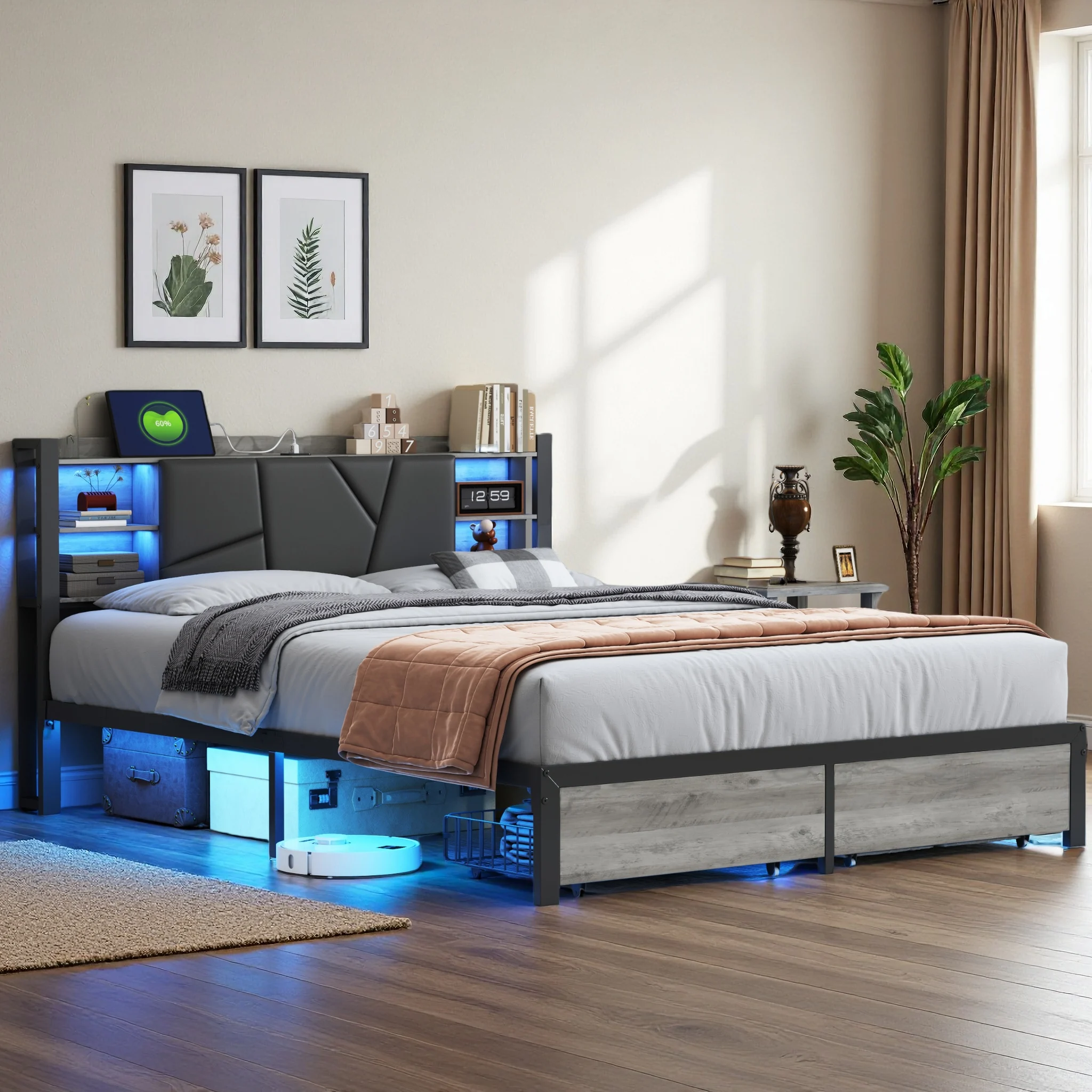 Rosahqnda-Bett 160 x 200 cm mit Lattenrost aus Metall, mit USB-Anschlüssen und Typ-C-Anschlüssen, Stauraum am Kopfteil, Jugendbett, Doppelbett