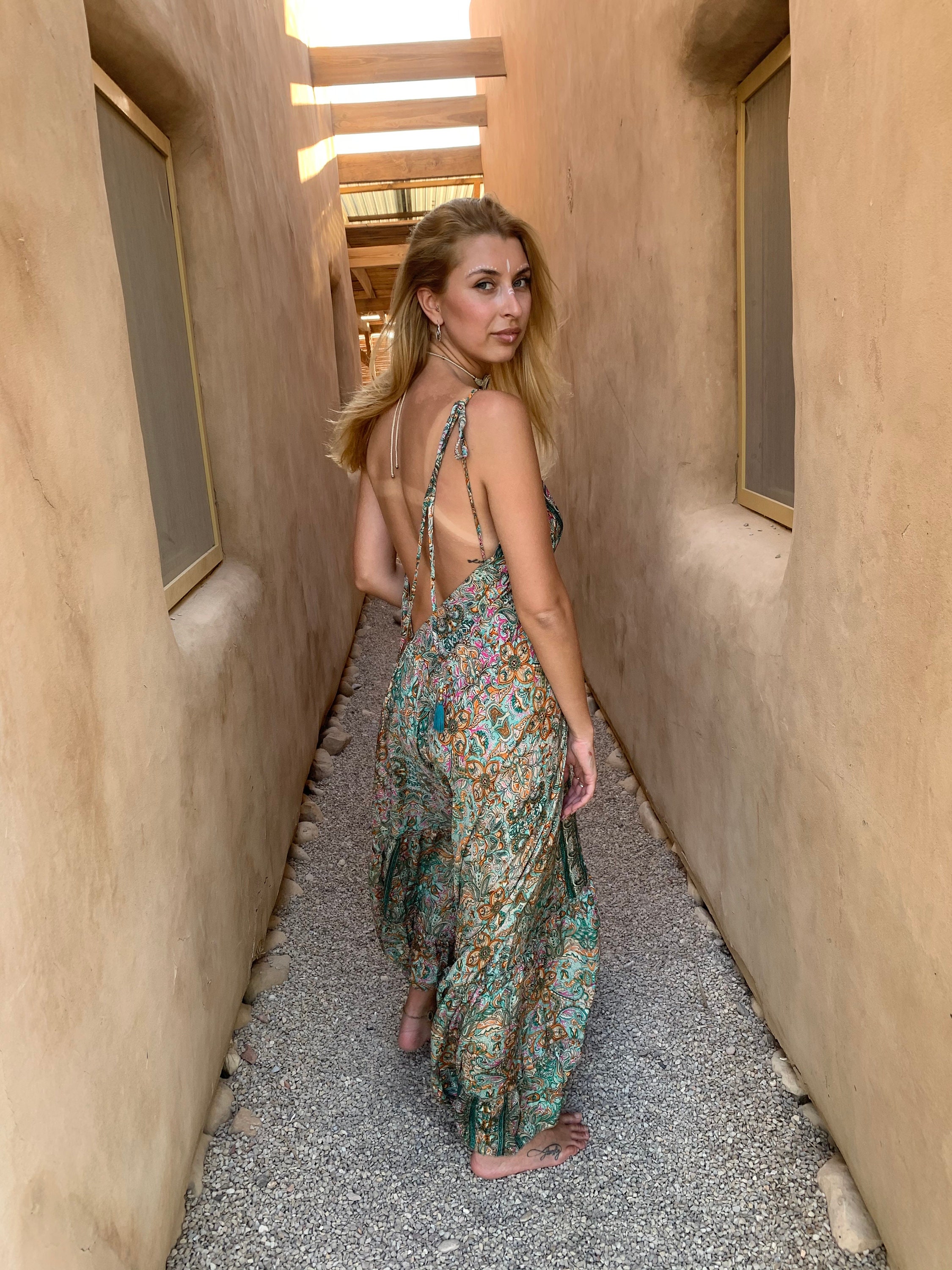 abito con schiena scoperta, abito boho verde, abito boho, abito boho, dea hippie, taglie forti, boho senza schienale / schiena scoperta