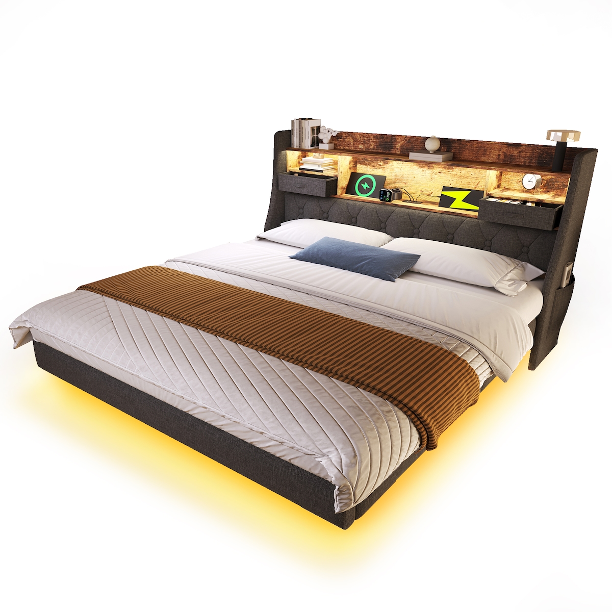 OKWISH Polsterbett mit LED Beleuchtung und USB Typ C Anschlüssen, Retro Design mit Stauraum, stabile Konstruktion inklusive Matratze, Größe 160 x 200 cm Grau Image