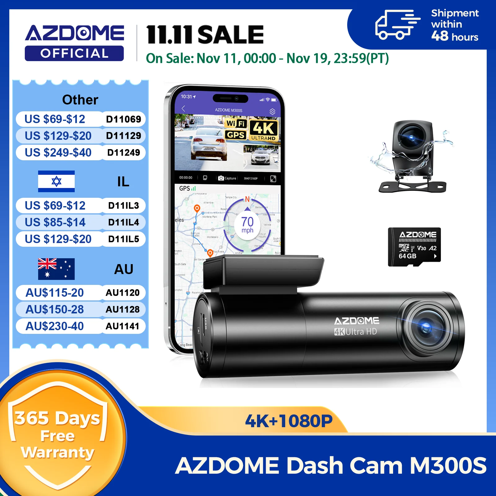 AZDOME M300S 4K Dash Cam vorne und hinten, integrierte ADAS WiFi GPS Dash Kamera für Autos, kostenlose 64 GB Karte, Sprachsteuerung, Nachtsicht