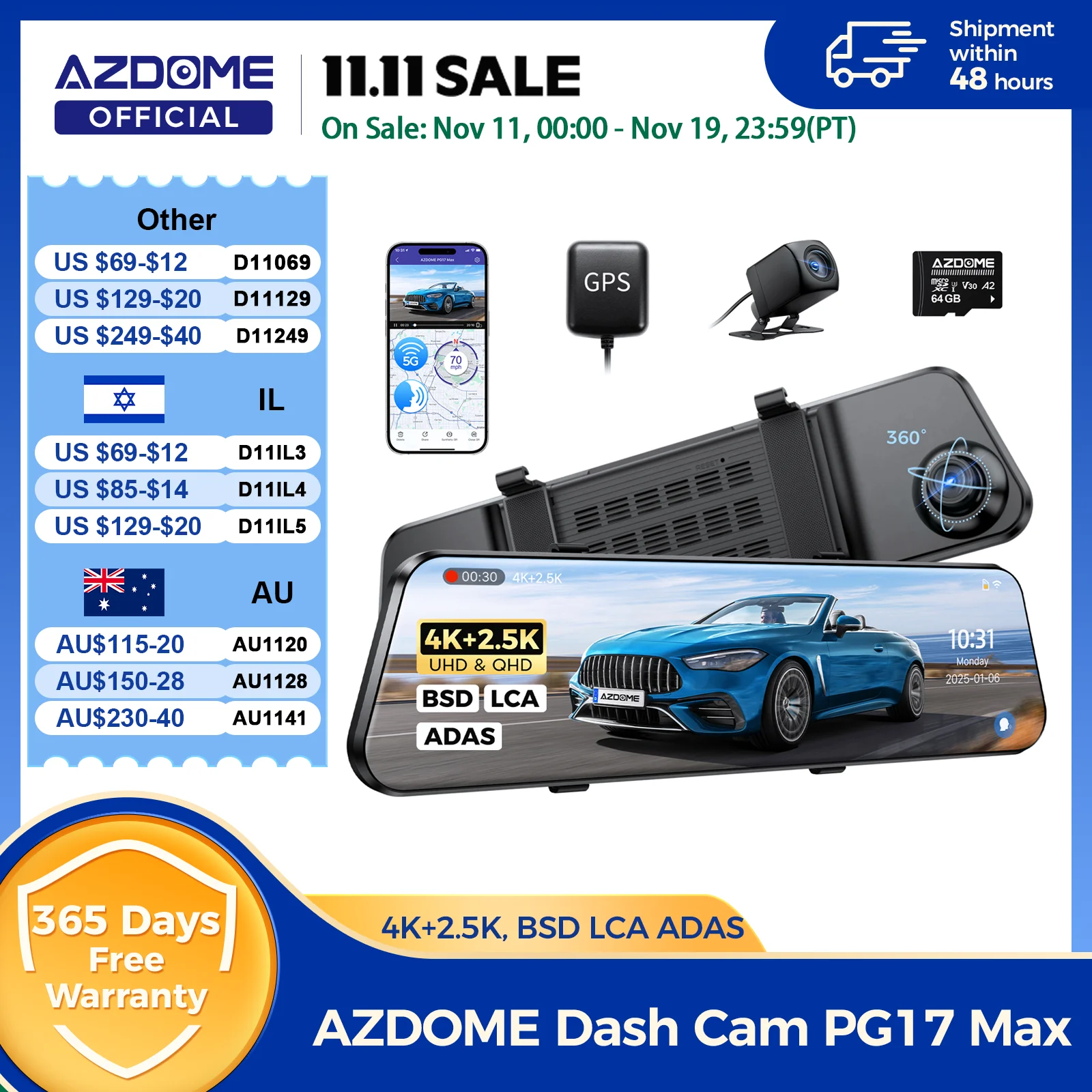 AZDOME 4K+2,5K Rearview Dash Cam PG17 Max 12'' Touchscreen Spiegel Dash Cam mit ADAS BSD LCA Auto DVR Loop Aufnahme 24H Parkplatz