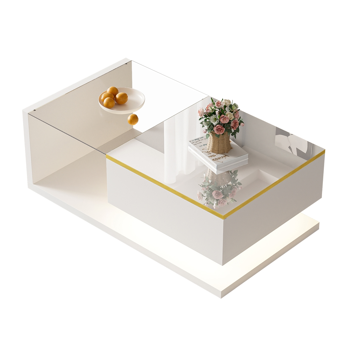 OKWISH Couchtisch LED 16 Farben, modern, Hochglanz Weiß, Glasplatte, mit Stauraum 90x50x32 cm, eleganter Wohnzimmertisch Image