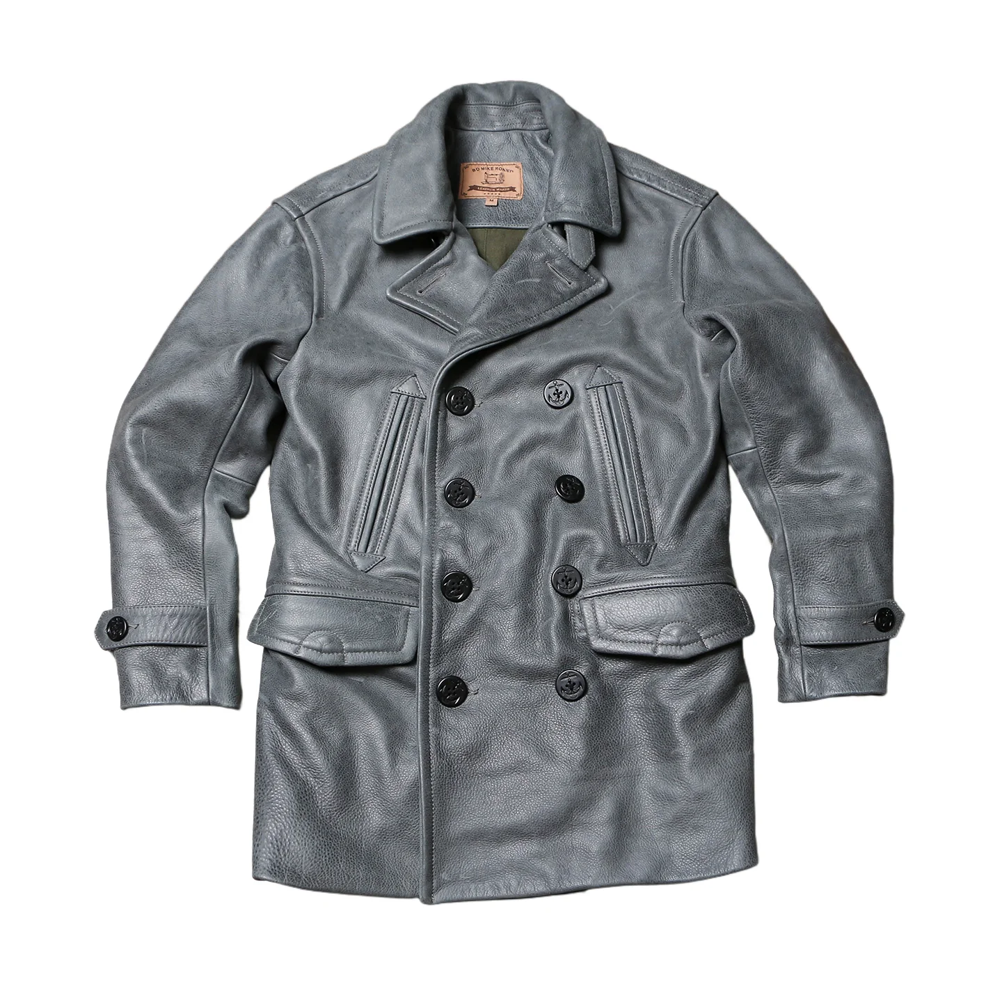 Cyan Grey Lange Winter-Lederjacke für Herren, Retro-Vintage-Stil, Übergröße 5XL, echtes natürliches Rindsleder, zweireihig, 740, Peacoat Image