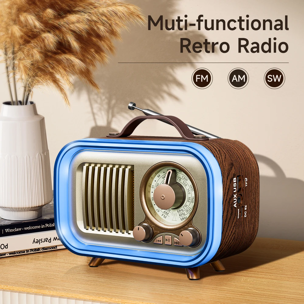 Tragbares Radio mit RGB-Stimmungslicht, kabelloses FM/AM/SW-Radio, mehrfarbiges Nachtlicht und Partylautsprecher, Vintage-Stil Image