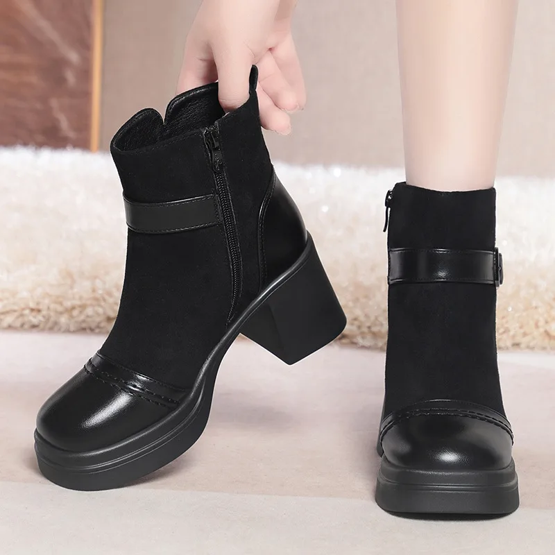 6,5 cm bequeme Patchwork-Flock-Lederschuhe Winter-Stiefeletten 2025, elegante Block-High-Heels, warme Motorradstiefel, Büro