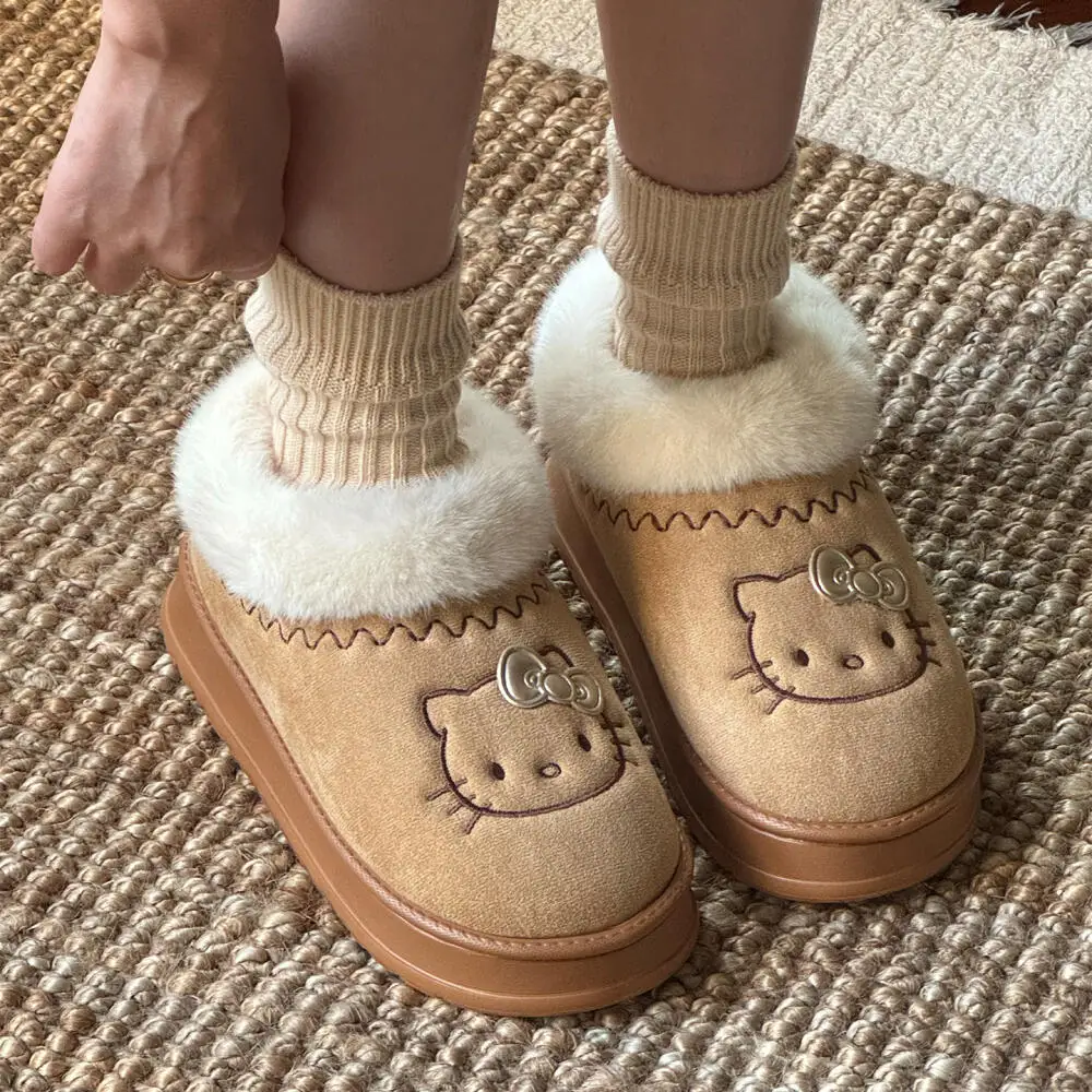 Süße Hello Kitty Winter Damen Schneestiefel Warme Baumwollhausschuhe Anime Plüschschuhe Cartoon Rutschfeste Mädchen Warme Schuhe mit dickem Boden