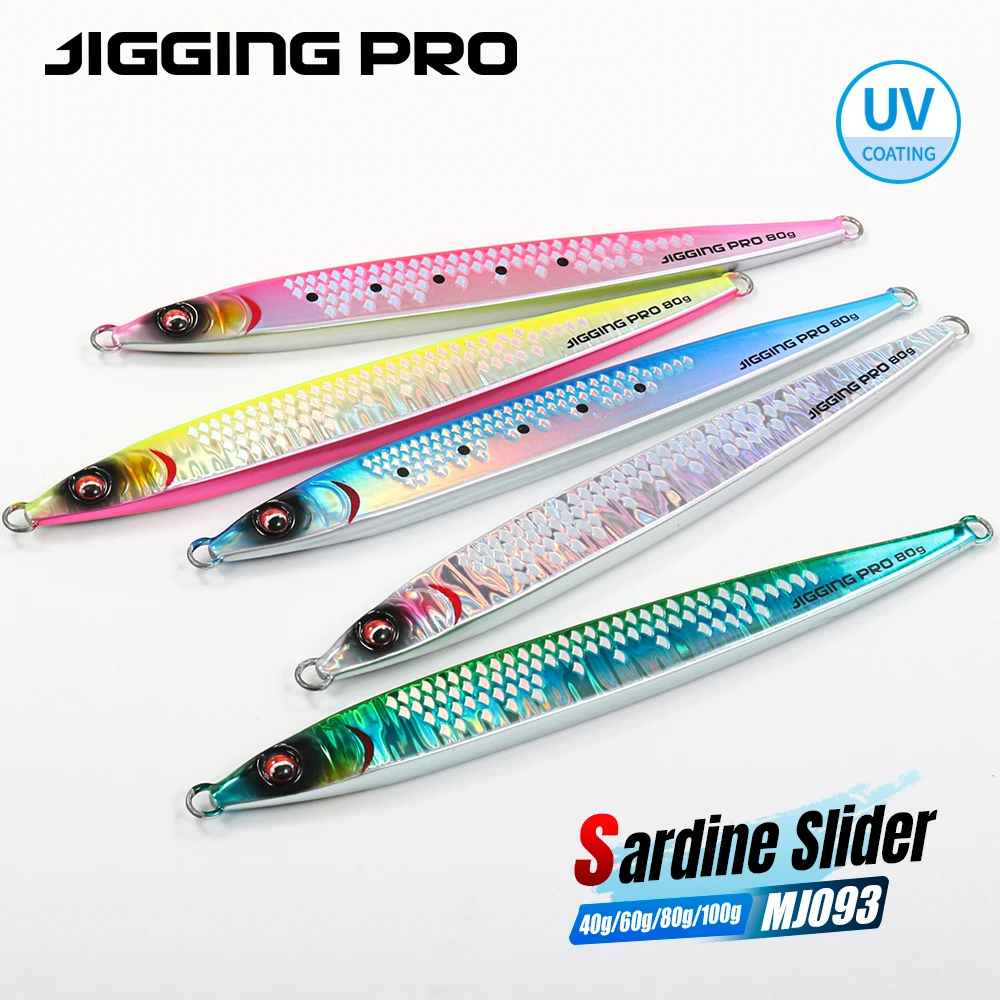 JIGGING PRO Sardine Slider Jigging Lure UV Shore Long Cast Metal Jig 40g 60g 80g 100g Richiamo di pesca in acqua salata Esca artificiale