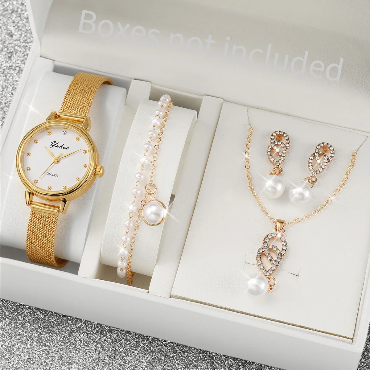 Modisches, leichtes, luxuriöses Legierungs-Mesh-Band, rundes Zifferblatt, Damen-Quarzuhr und Schmuck, 6-teiliges Set, geeignet für den täglichen Gebrauch, Weihnachten a Image