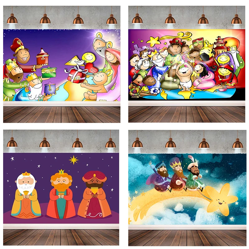 Cartoon Spanien Drei Könige Festival Wüste Polyester Hintergrund Tuch Veranstaltungsort Unsere Liebe Frau Maria Jesus Die Epiphany Foto Wand Deco Geschenk