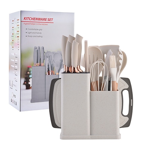 Silikon-Küchenutensilien-Set, 19-teilig, Werkzeugset, Aufbewahrungseimer, Küchenmesser, Strohhalmfarben Image