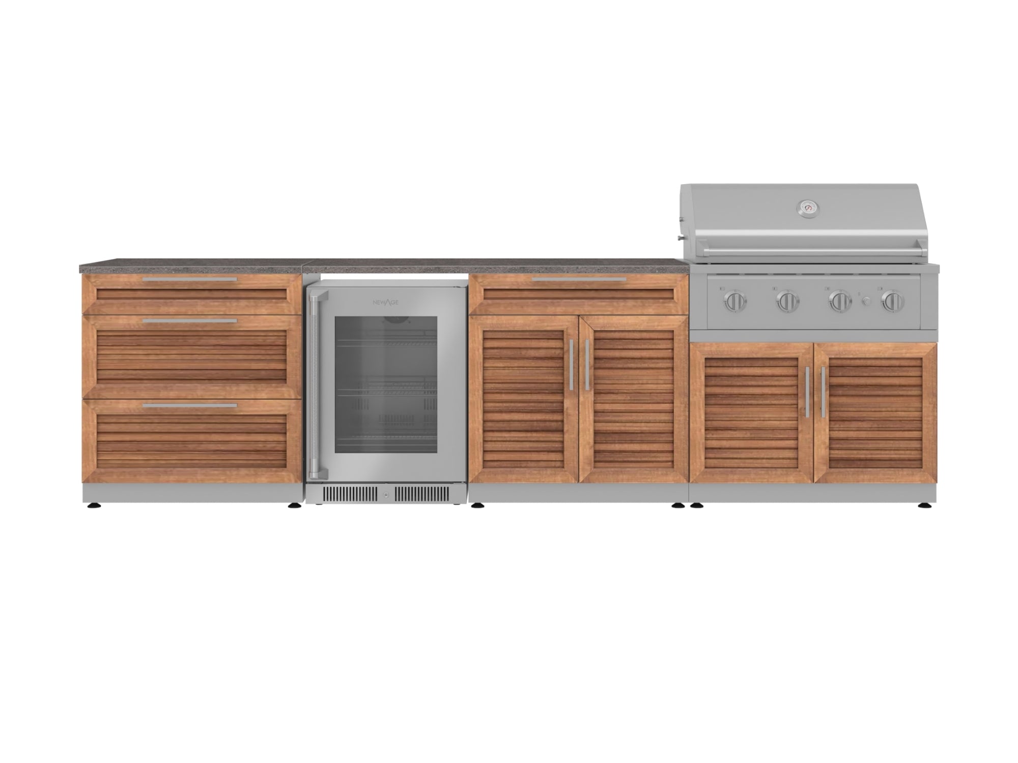 NewAge Outdoor Kitchens Stainless Steel 7-Piece Cabinet Set with 3-Drawer, Bar, Grill Cabinet, Performance Grill, Countertop, and Fridge