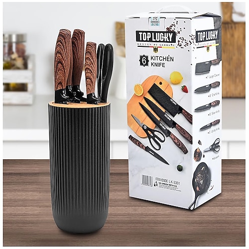 Küchenmesserset, 6-teiliges Luxus-Messerset mit Holzbeschichtung, Griff in heller Holzoptik, antihaftbeschichtetes Kochmesser aus Edelstahl mit Messerblock Image