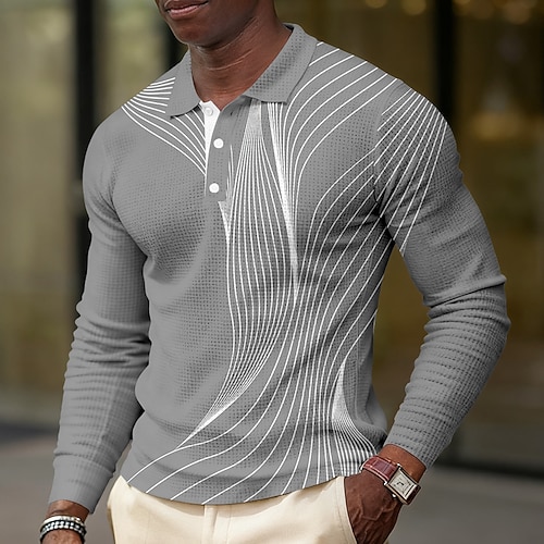 Herren Geometrisch Linie Waffel-Poloshirts Langarm Polo-Shirts Hemden mit Kragen Business-Casual Geschäft Büro-Outfit Alltagskleidung Knöpfe Frühling Herbst Winter Blau Schwarz Grün Image