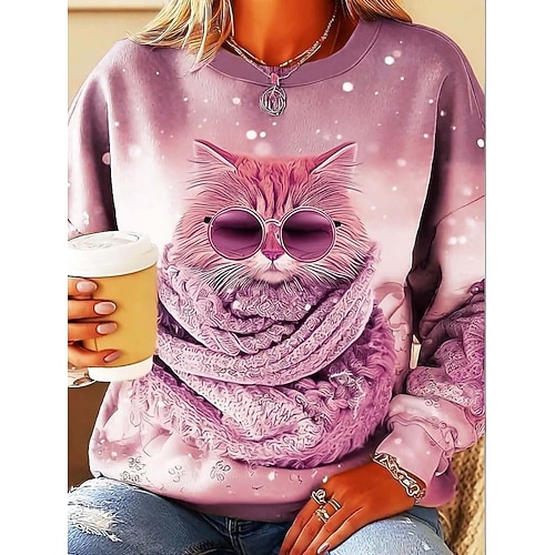 Damen Sweatshirts Grafik Tiermotiv Katze Lässig Langarm Rundhalsausschnitt Normale Oberteile Straße Alltagskleidung Lässig Druck Rosa Blau Purpur Khaki Frühling Herbst Winter Image