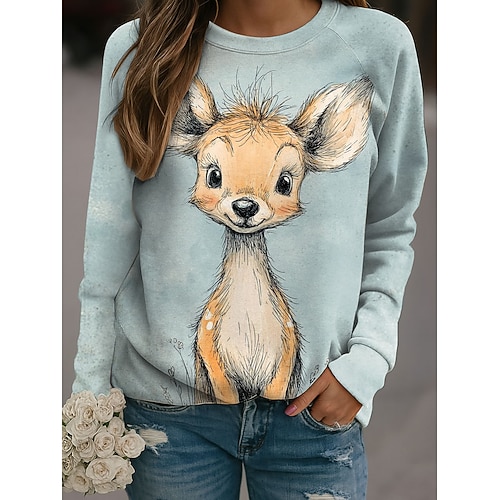Damen Pullover Grafik Tiermotiv Lässig Langarm Rundhalsausschnitt Normale Oberteile Lässig Blau Weiß Gelb Frühling Herbst Winter Image