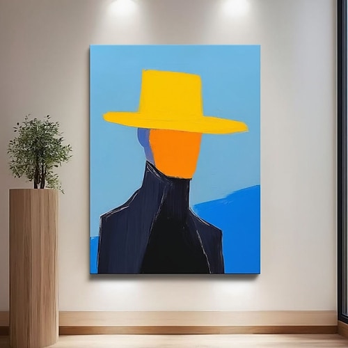 Handgemaltes abstraktes Gemälde eines Mannes mit Hut, Einzugsgeschenk, großes Wandbild, Illustration auf Leinwand, Leinwandgemälde Image