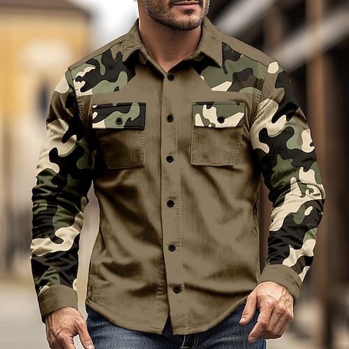 Herren Tarnung Cordhemd Westernhemd Hemdjacke Langarm Vintage-Retro Outdoor Arbeitskleidung Herbst Winter Umlegekragen 3D-Druck Cowboy-Shirts Jacke mit Pattentaschen Taupegrau Dunkelgrün Grün Khaki Image