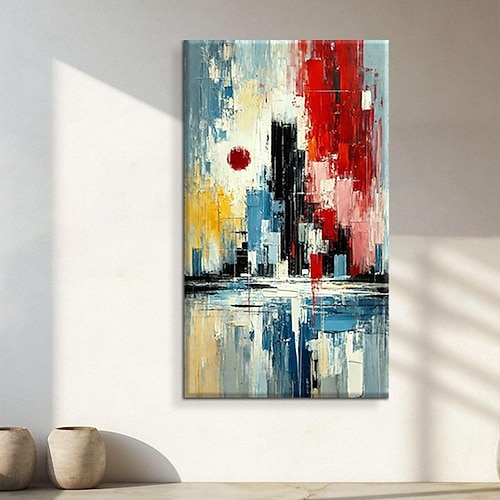 Handgemaltes Ölgemälde auf Leinwand, abstrakte Stadtarchitektur, Wanddekoration für Zuhause, auf Keilrahmen gespannt / gerolltes, ungespanntes Gemälde Image