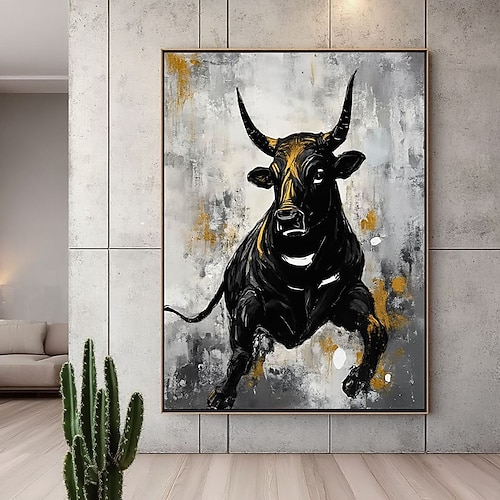 Originales Ölgemälde eines Stiers, handgemaltes abstraktes Wandbild, Stiergemälde auf Leinwand, großes handgemaltes schwarzes Stiergemälde auf Leinwand, abstraktes Stier-Leinwandbild, strukturiertes Image