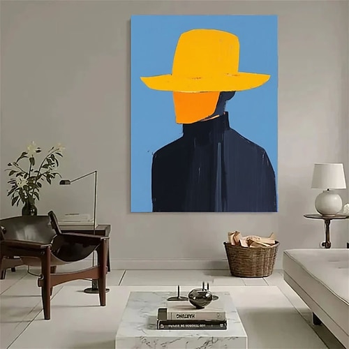 Handgemaltes abstraktes Gemälde eines Mannes mit Hut, Einzugsgeschenk, großes Wandbild, Illustration auf Leinwand, Leinwandgemälde Image