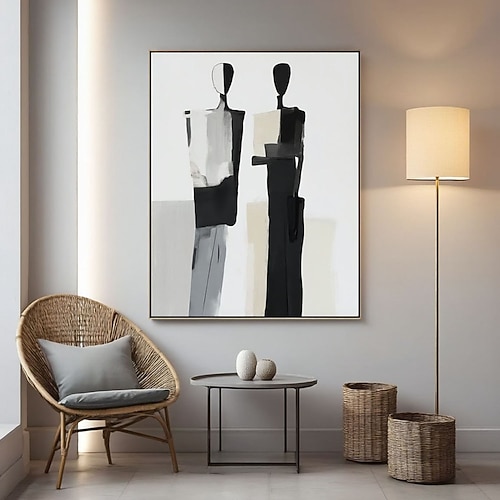 handbemalt schwarz abstraktes, figuratives Ölgemälde in Weiß, originelles minimalistisches Linienpaar-Wandbild auf Leinwand, moderne Wohnzimmerdekoration, Geschenk Image