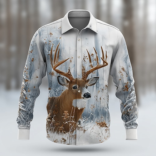 Herren Tiermotiv Rentier Natur Landschaft Hemd Knopfhemd Langarm Vintage-Retro Outdoor Lässig Jagd Frühling Herbst Umlegekragen 3D-Druck Hemden mit Kragen Weiß 1 Weiß Weiß 2 Image