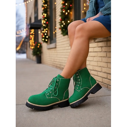 Grüne Schnürstiefeletten für Damen – trendiger Winterstil, ideal für Weihnachtsfeiern, Outdoor-Aktivitäten und den Alltag Image
