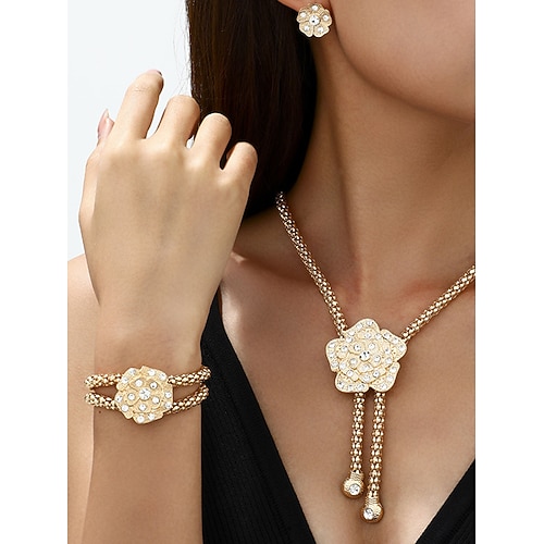 Goldfarbenes Damen-Schmuckset mit Blumenmotiv und Kristallakzenten – elegante Halskette und Armband Ohrringe für Partys, Hochzeiten oder Abendveranstaltungen Image
