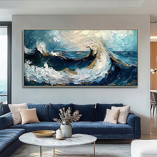 Handgemaltes Ölgemälde auf Leinwand, moderne abstrakte Wanddekoration, mit dem Spachtel gezeichnete blaue Meereswellenlandschaft, gerollt, rahmenlos, ungespannt, ungerahmt Image
