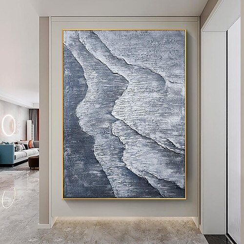 Handgemaltes Ölgemälde auf Leinwand, abstrakte Meereswellenstruktur, Wanddekoration für Zuhause, auf Keilrahmen gespannt / gerolltes, ungespanntes Gemälde Image