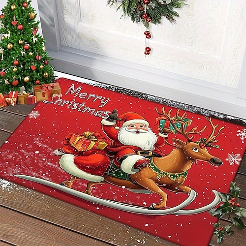 Weihnachtliche Fußmatte aus Kunstfell, weich und saugfähig robuster Eingangsbereich Badezimmerteppich, Fußmatte für die Feiertage Image