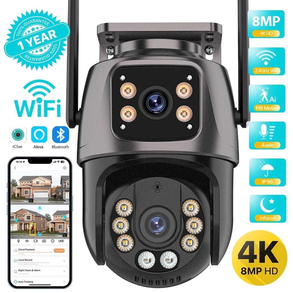4K HD Dual Lens WiFi Security Camera With Auto Tracking And Night Vision 8mp No Sd Card au Plug