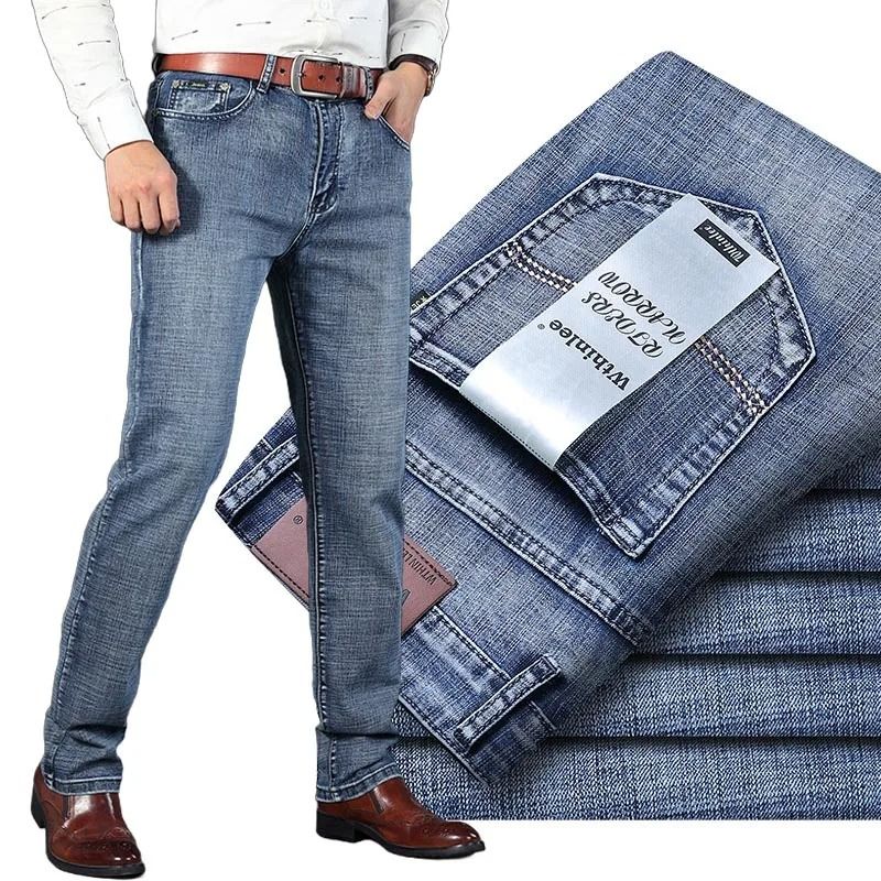 Men High Quality Business Casual Jeans Classic Straight Fit Denim Pants 34 blue