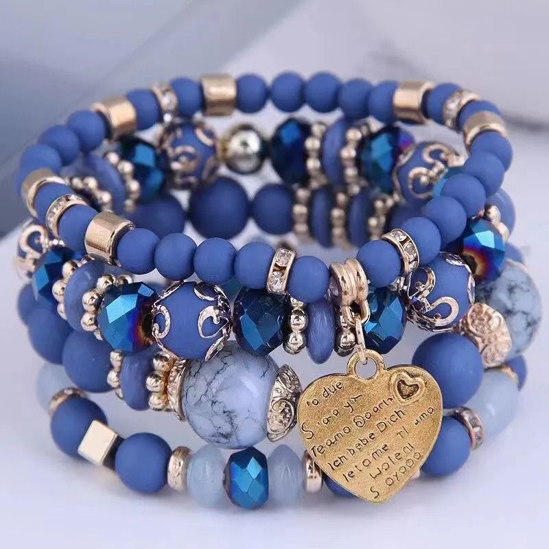 Women Boho Crystal Beads Strand Bracelet Set 4 Piece Elastic Stackable Bangles blue
