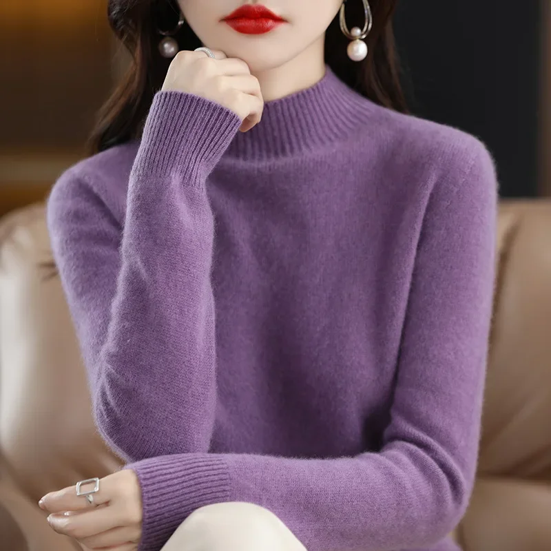 Autumn Winter Women Sweater, Fashion Warm Bottoming Shirts, Half High Collar Knitwear Solid Long Sleeve Pullovers royal Blue m